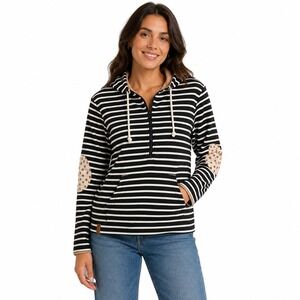 Ampersand Avenue Striped Half Zip Hoodie Black White Polka Dot Elbow Patch XS